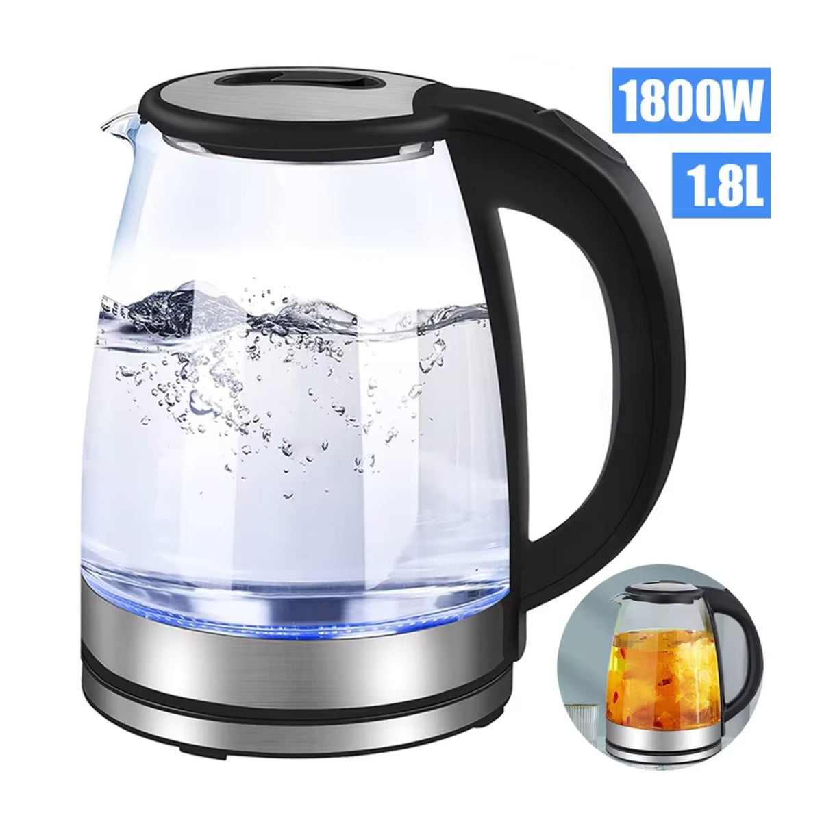 1.8L Electric Glass Kettle 1800W Fast Boil Water Heater with UK Plug