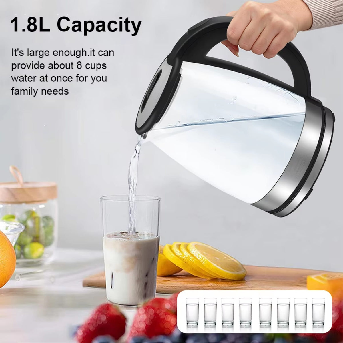 1.8L Electric Glass Kettle 1800W Fast Boil Water Heater with UK Plug