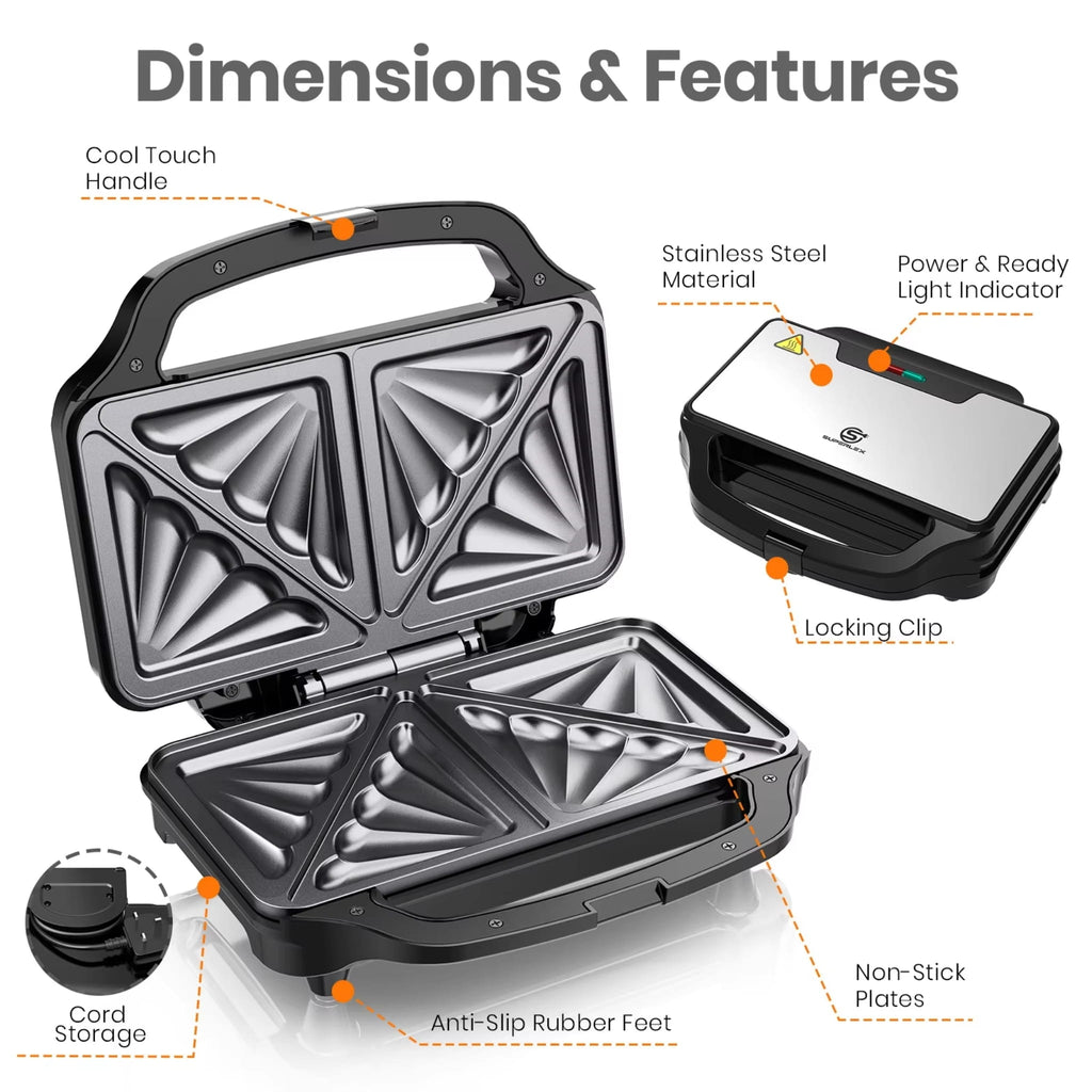 1000W Deep Fill Sandwich Maker with Non-Stick Plates, Temperature Control & UK Plug