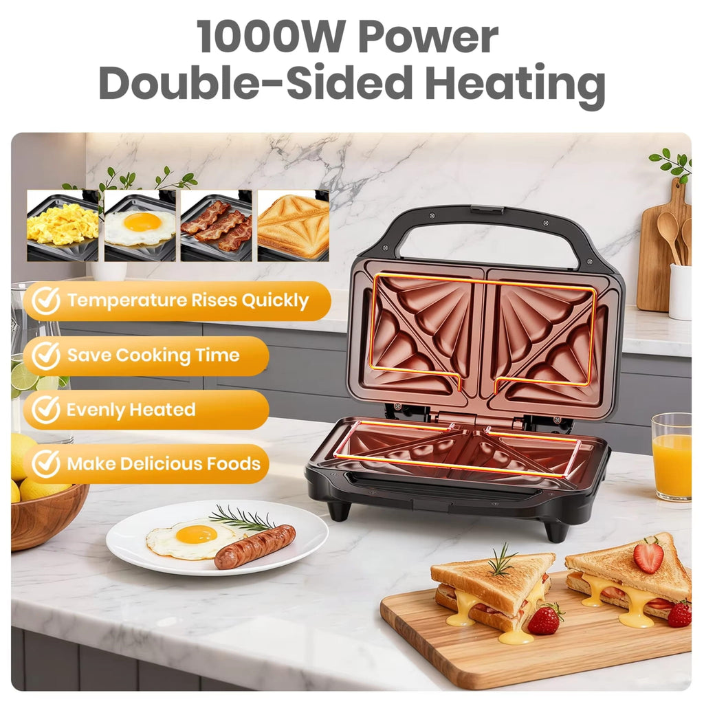 1000W Deep Fill Sandwich Maker with Non-Stick Plates, Temperature Control & UK Plug