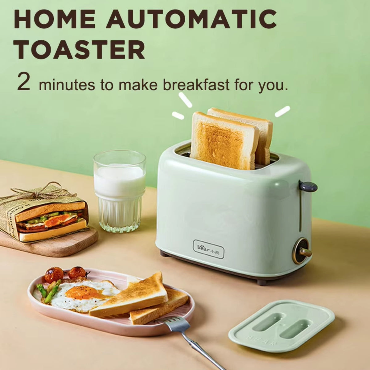 2-Slice Automatic Bread Toaster with Adjustable Browning Control for Breakfast Green color