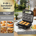 6-in-1 Sandwich Maker 750W with Non-Stick Interchangeable Plates & UK Plug