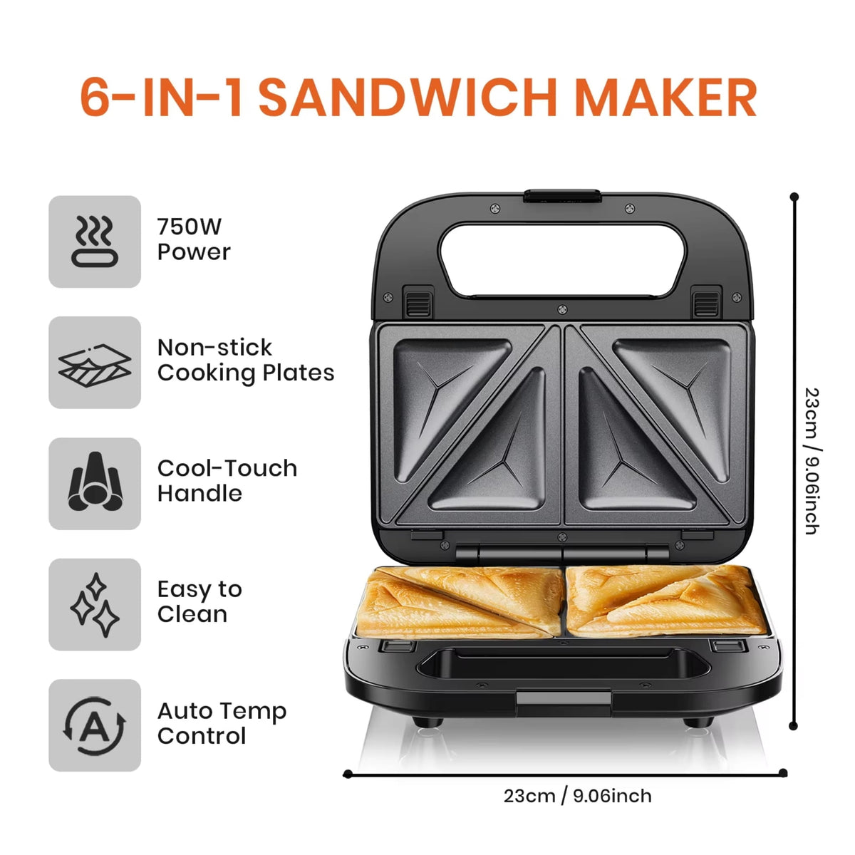 6-in-1 Sandwich Maker 750W with Non-Stick Interchangeable Plates & UK Plug