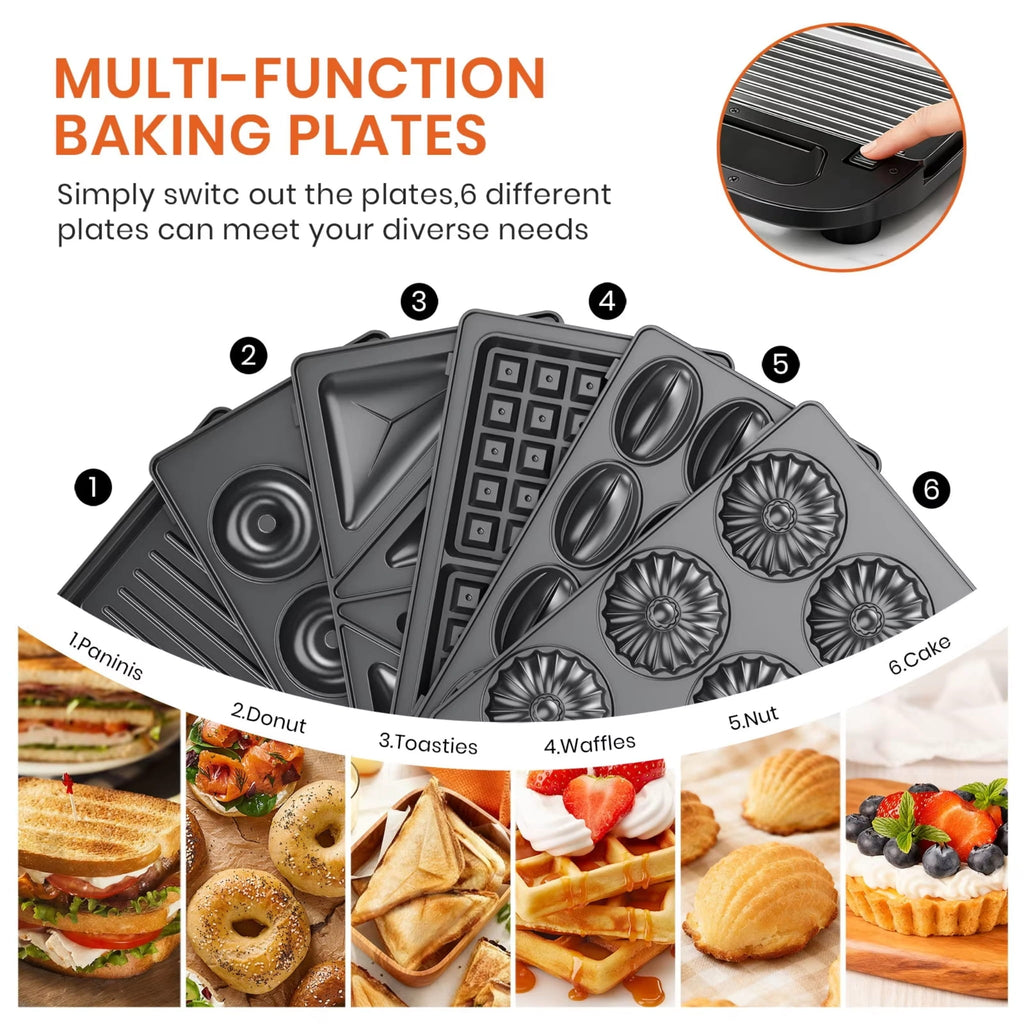 6-in-1 Sandwich Maker 750W with Non-Stick Interchangeable Plates & UK Plug