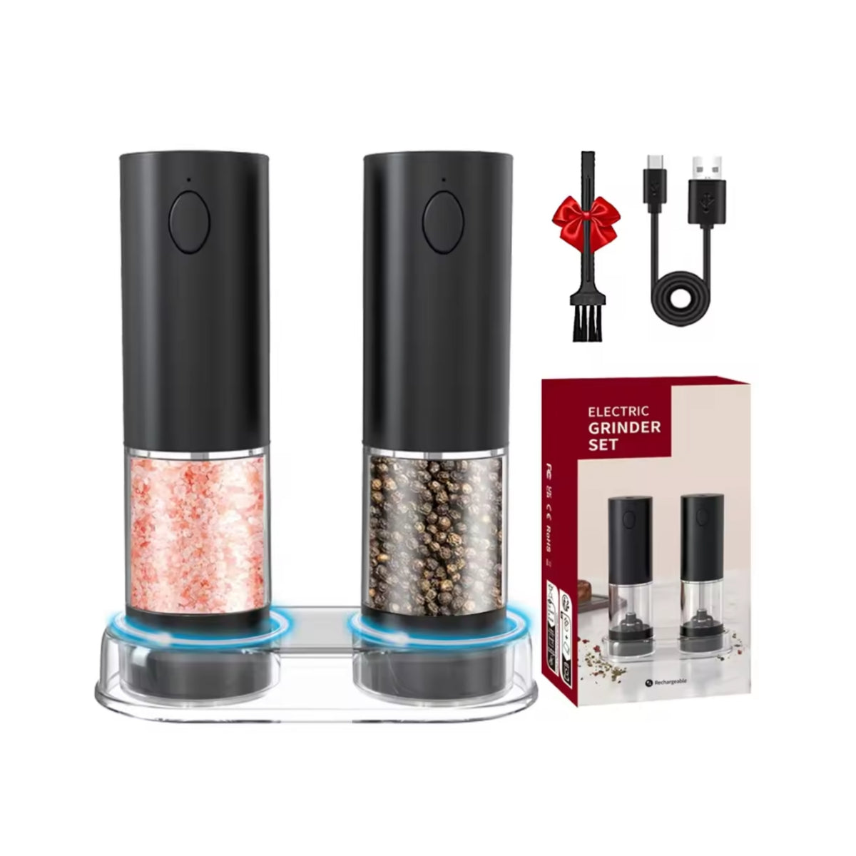 Electric Salt & Pepper Grinder Set with Charging Base & Adjustable Coarseness Rechargeable