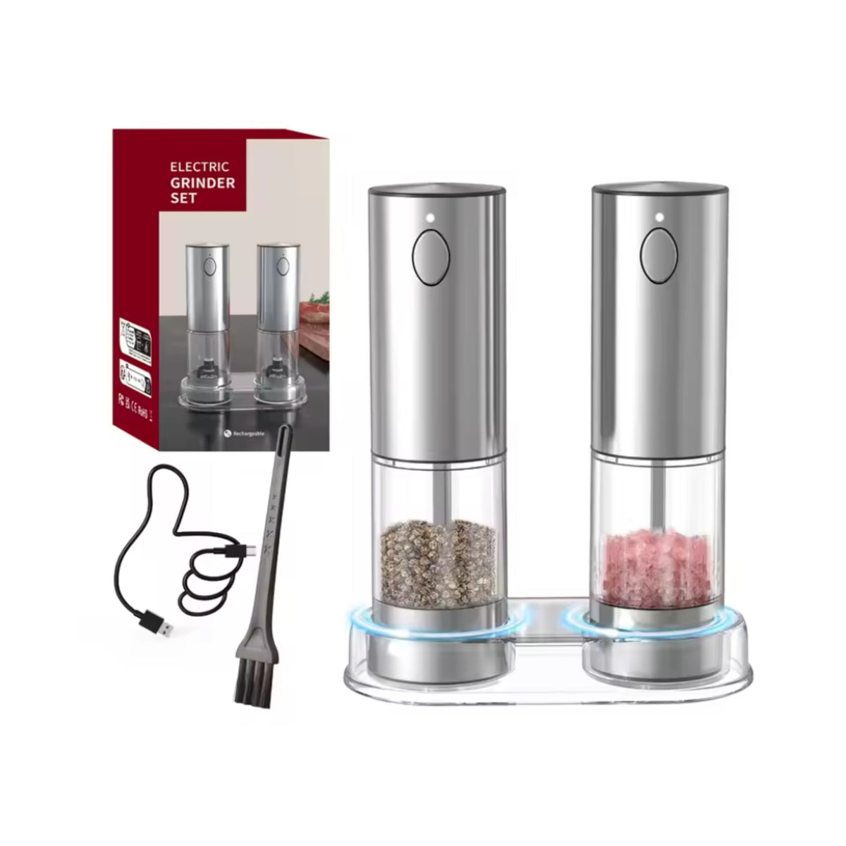 Electric Salt & Pepper Grinder Set with Charging Base & Adjustable Coarseness Rechargeable