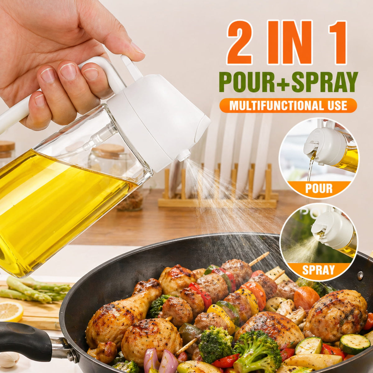 2-in-1 Olive Oil Sprayer & Dispenser 470ml Glass Bottle for Cooking