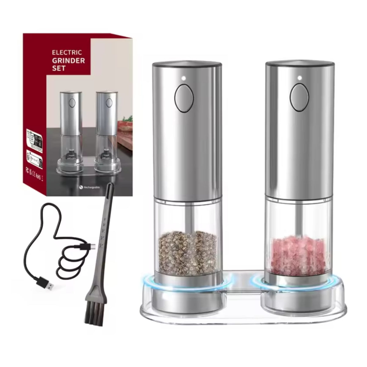 Electric Salt & Pepper Grinder Set with Charging Base & Adjustable Coarseness Rechargeable