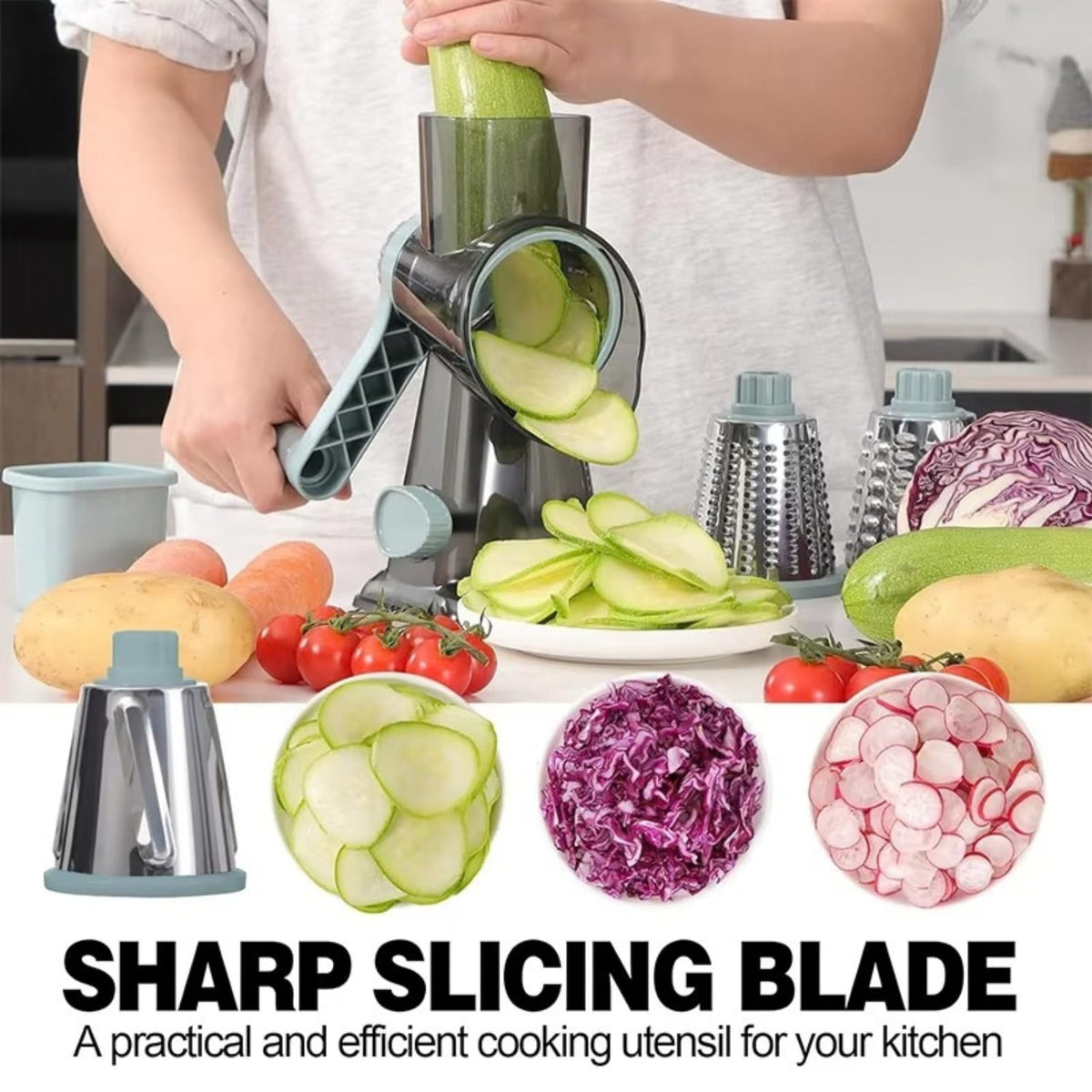 Rotary Cheese Grater & Vegetable Slicer with Stainless Steel Drums